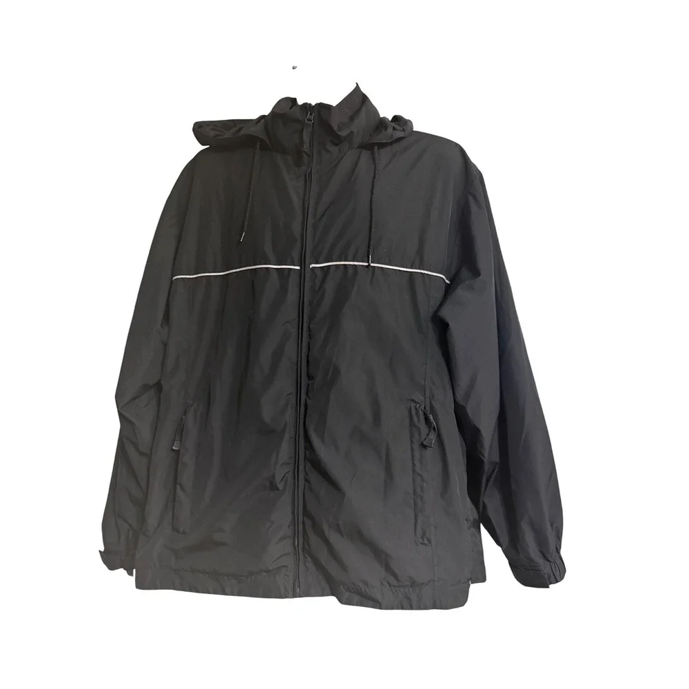 Devon‎ & Jones Sport Mens Black Hooded Windbreaker Jacket Reflective Piping L A3